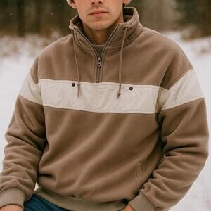 90s Taupe Fleece Quarter Zip Nylon Panel- L